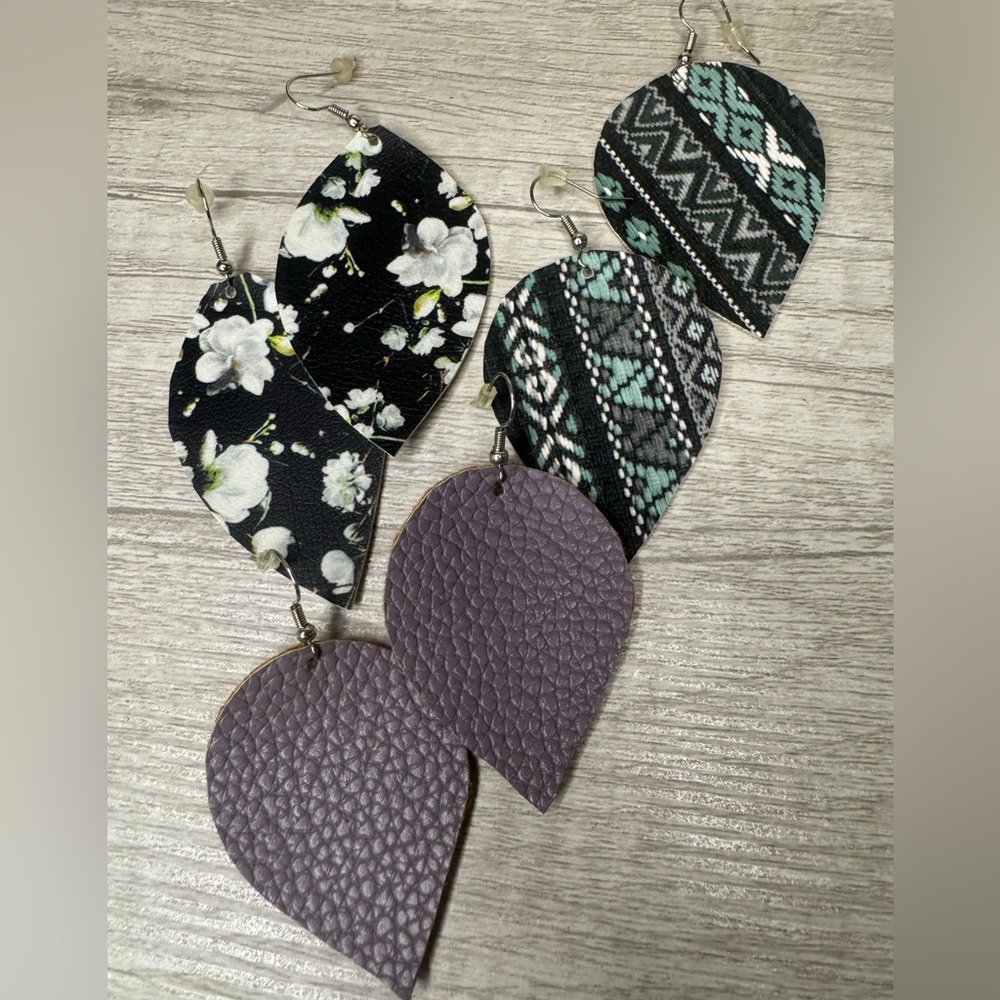 Purple Leather and Fashion Earrings Set of 3